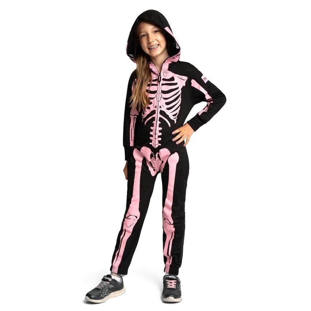 Tipsy Elves Black Pink Skeleton Print Hooded Onesie Costume, Youth Medium (z3)